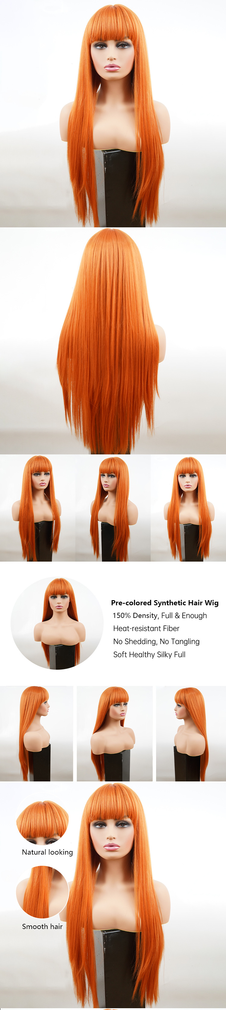 Fabrikgroßhandel Chemiefaserperücke langes glattes Haar Kopfbedeckung 26 Zoll Hochtemperaturdraht maschinell hergestellte orangefarbene Rose-Mesh-Perücke_voghion.com