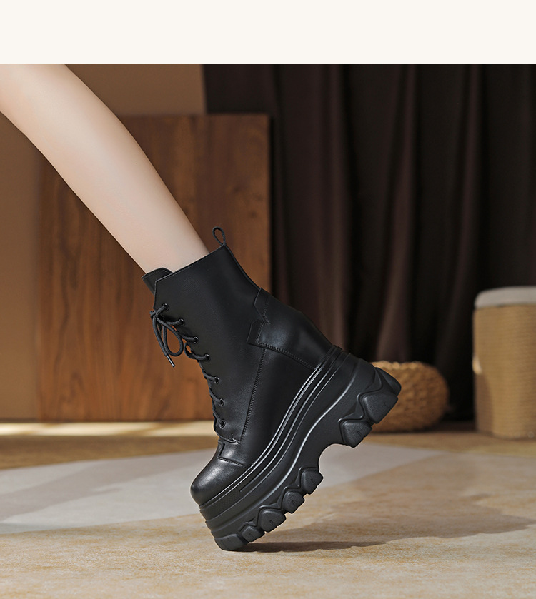 Boot nữ da thật đế dày tăng chiều cao 12 cm dây buộc cổ thấp — Đen lót nhung chi tiết 9