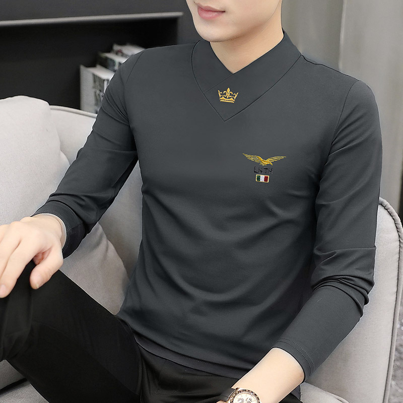 新款长袖T恤男v领秋冬打底衫加绒加厚高端刺绣内搭上衣男潮