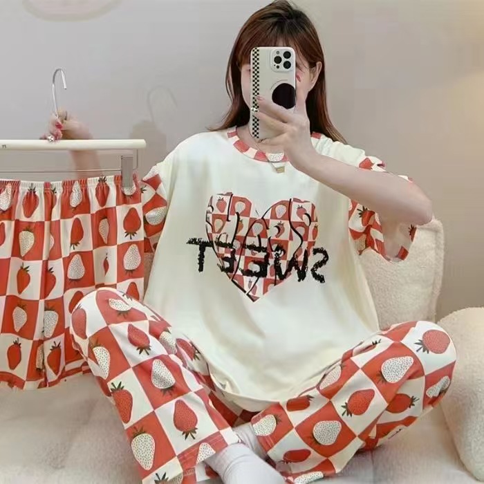 Pijamas de verano transfronterizos pijamas de leche de seda de tres piezas set de dibujos animados comercio exterior ropa para el hogar pantalones de mangas cortas lindos