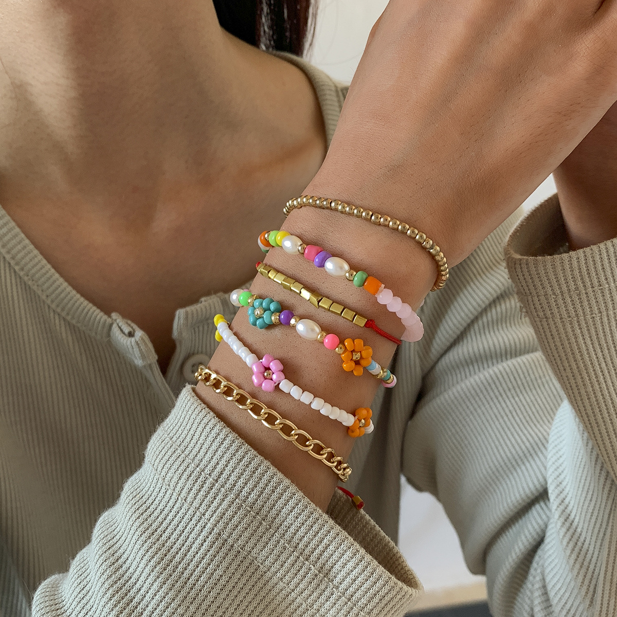 rice bead daisy flower chain bracelet set wholesale jewelry Nihaojewelrypicture1