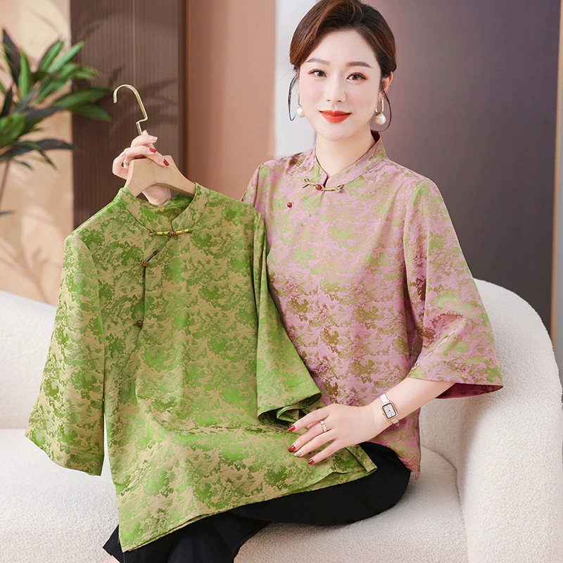 2024 Летняя средняя и пожилая мода повседневная имитация шелковая футболка новая мама женская одежда с рукавами