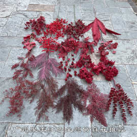 新款红色中式婚礼仿真花大红色酒红色婚礼堂路引软装装饰假花批发