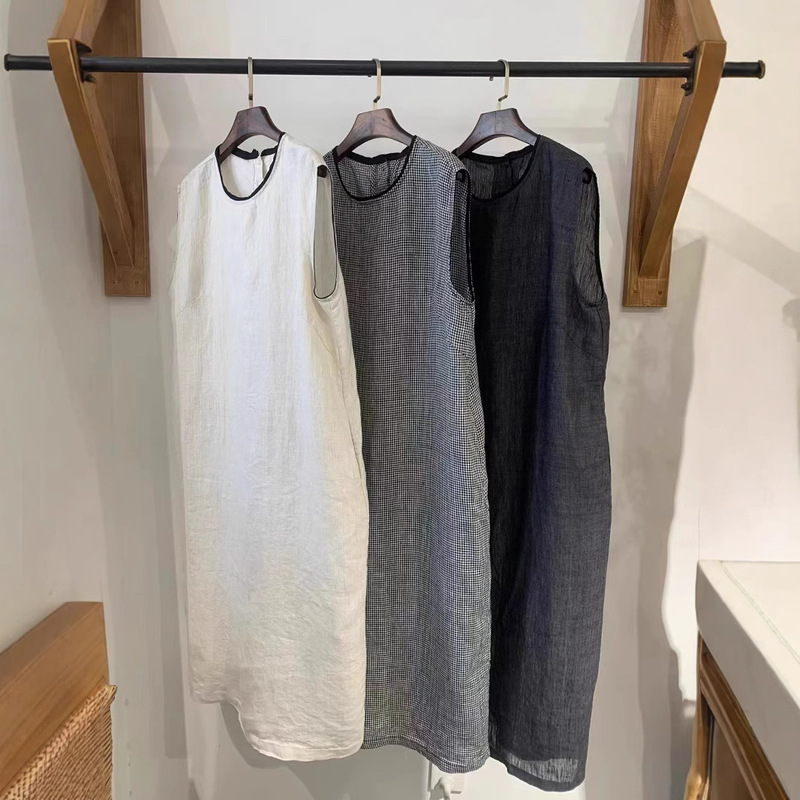Vintage Artistic Linen Sleeveless dress Summer New Contrast Color Edge Round Neck Back Button Vest Skirt
