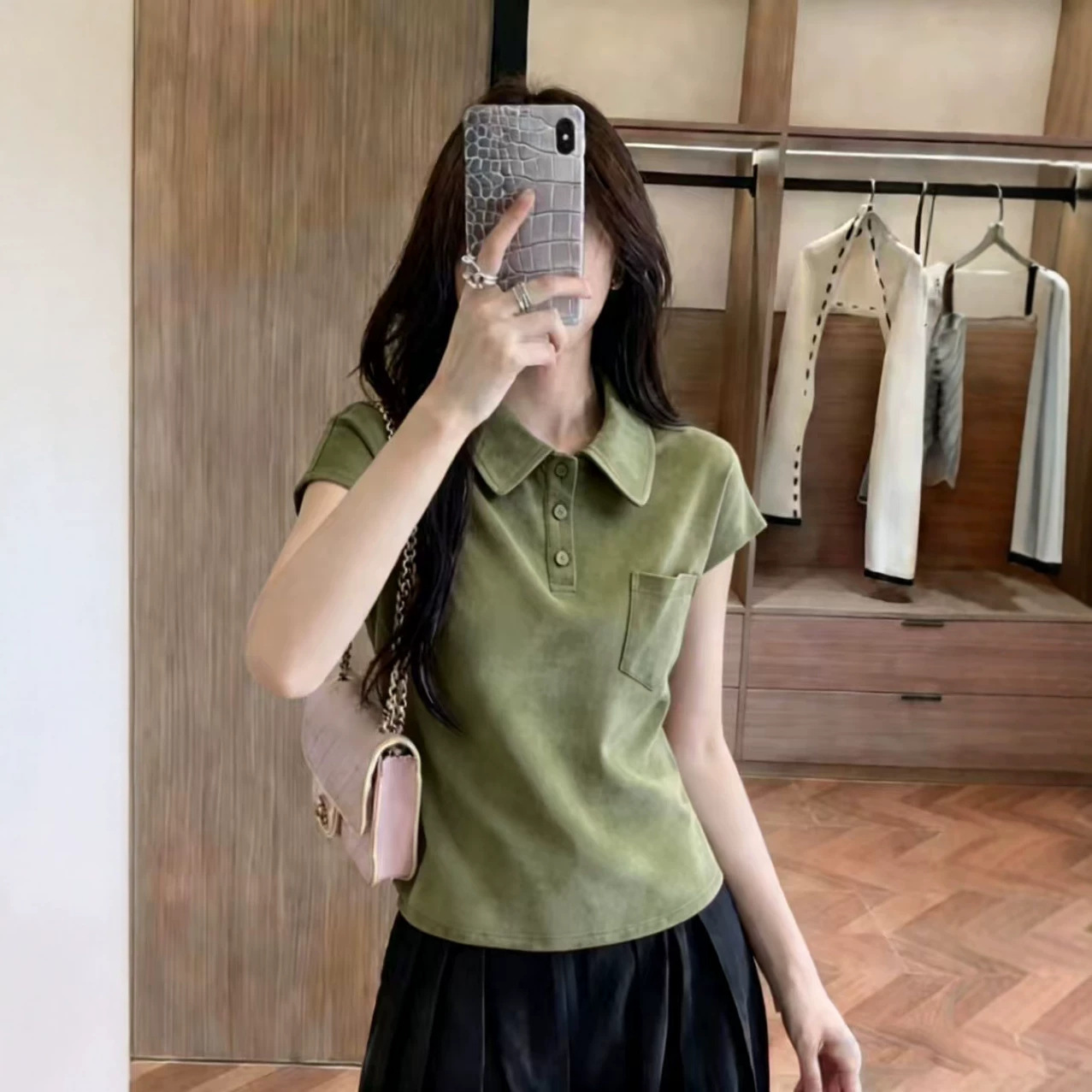 Áo thun cổ polo tay ngắn nữ phong cách trẻ trung form rộng — màu xám chi tiết 3