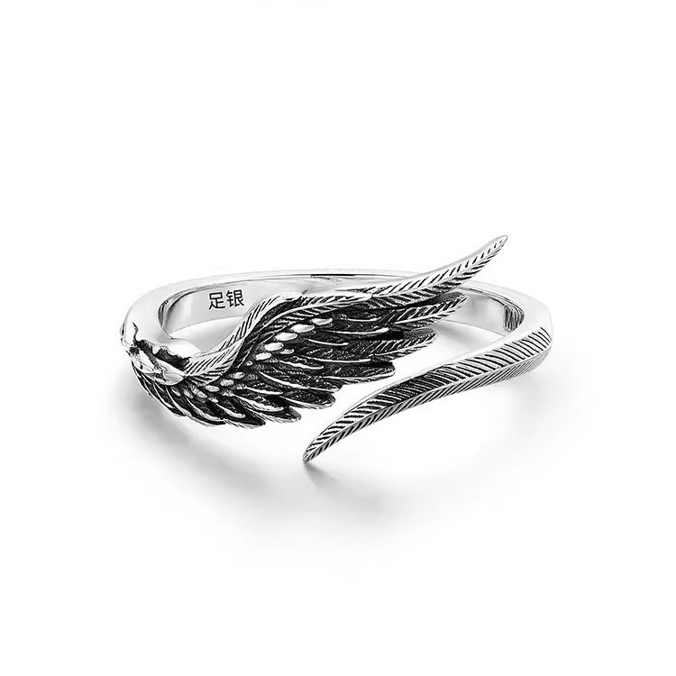 Vintage Angel Wings Ring Men's Trendy Couple's Pair Ring Men's and Women's Same Feather Wings Plain Ring Gift Sterling Silver