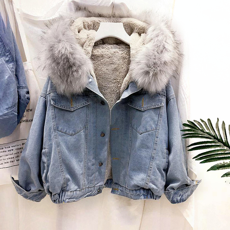 Women's denim cotton coat women's winter new Korean style loose hooded plus velvet thickened cotton coat cotton coat top for women_voghion.com