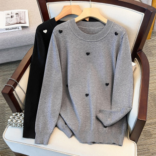 200kg plus size Shoulder Knitted Backing Shirt Women's chubby girl Plus Weight Increase Loose Belly Covering Slim Thick Sweater Round Neck