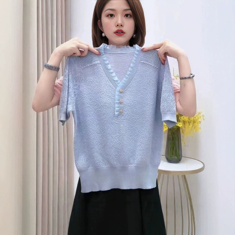 European-Style Lace V-Neck Beaded Tencel Short-Sleeve Knit Top, 2026 Spring/Summer/Autumn New Niche Fashion Slim-Fit Top