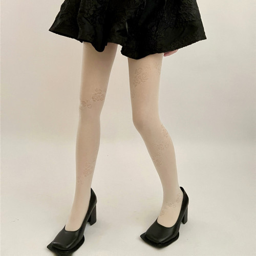 Japanese white silk pure lust style French gentle retro flower surround pantyhose twill rose stockings lolita