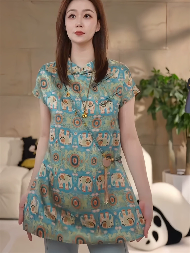 Женский топ из жаккарда в китайском стиле, новая летняя рубашка с короткими рукавами и принтом в китайском стиле с косыми лацканами и вырезом на этикетке