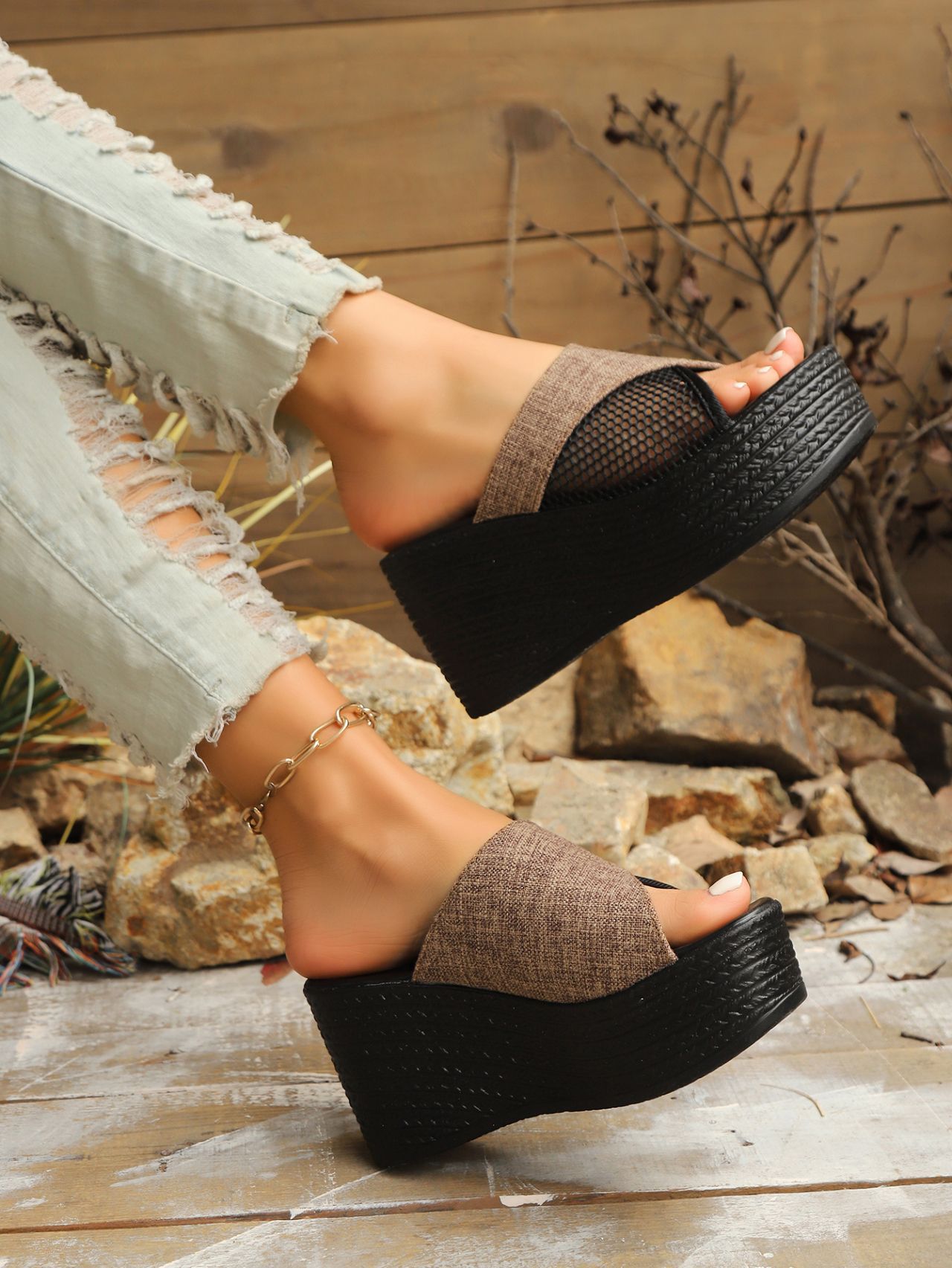 Plus Size Hollow Out Wedge Sandals For Women, Summer New Style, Thick Sole Fabric, Thick Sole Sandals, Size 43_vogvips.com