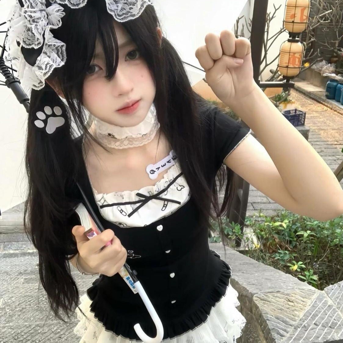 夏季y2k学院风套装裙可爱拼接假两件黑色上衣蓬蓬蛋糕裙两件套女