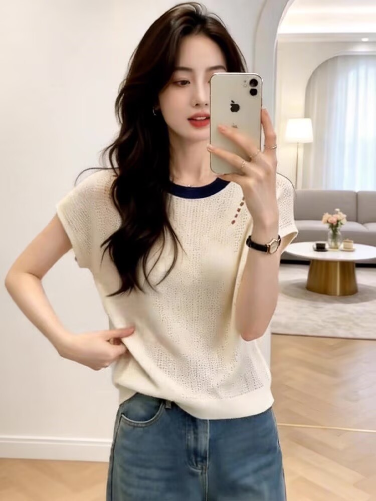 Áo thun ngắn tay nữ dệt kim lỗ rỗng chất liệu tơ băng mát lạnh — trắng