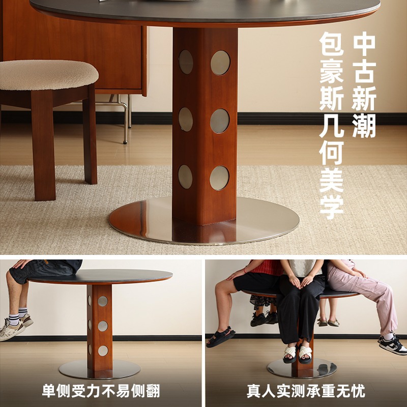 Mesa redonda de la placa de roca de estilo medieval, mesa de comedor redonda de piernas metálicas retro, mesa de comedor de madera sólida de Bauhaus nórdica.