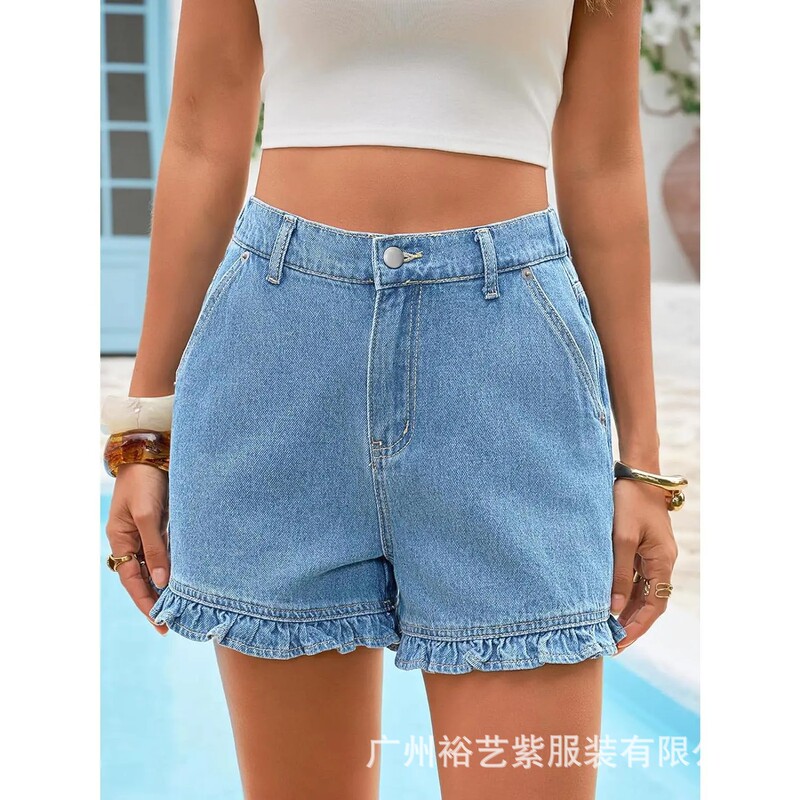 2026TK popular women's summer ruffle denim shorts, cute high-waisted cotton shorts with pockets