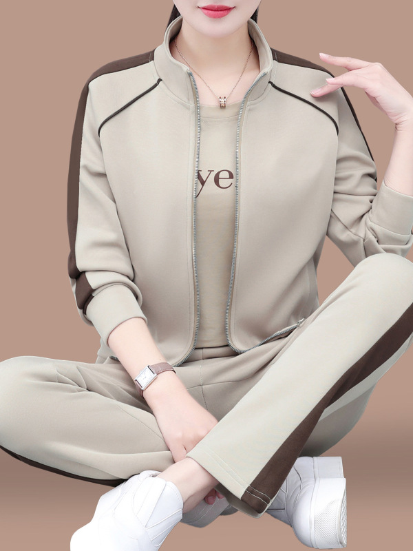 立领休闲运动套装女2025新款春秋中年妈妈宽松跑步卫衣外套三件套|undefined