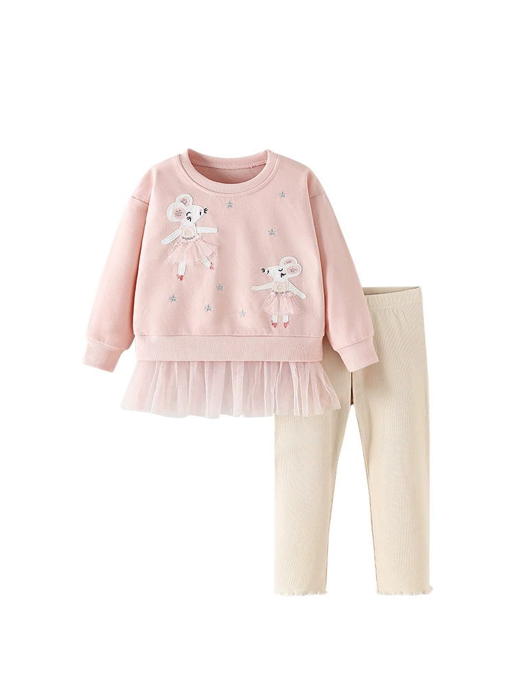 Autumn long-sleeve set (malwee) for girls, tulle hem top + leggings, European casual style