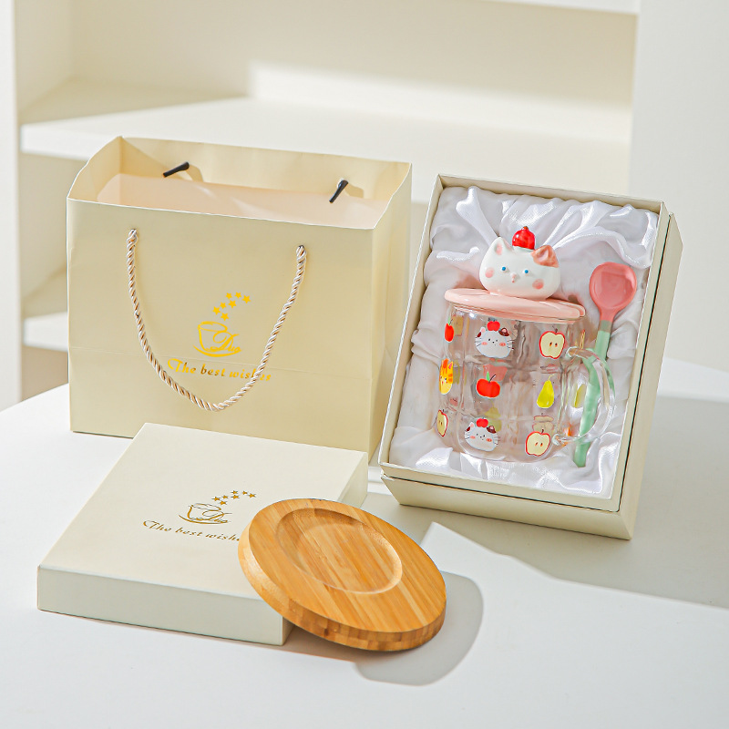 Gato estereoscópico pintado a mano alta resistencia al calor de vidrio de silicio de alta calidad de oficina con cubierta de cuchara de agua taza de dibujos animados taza de marca