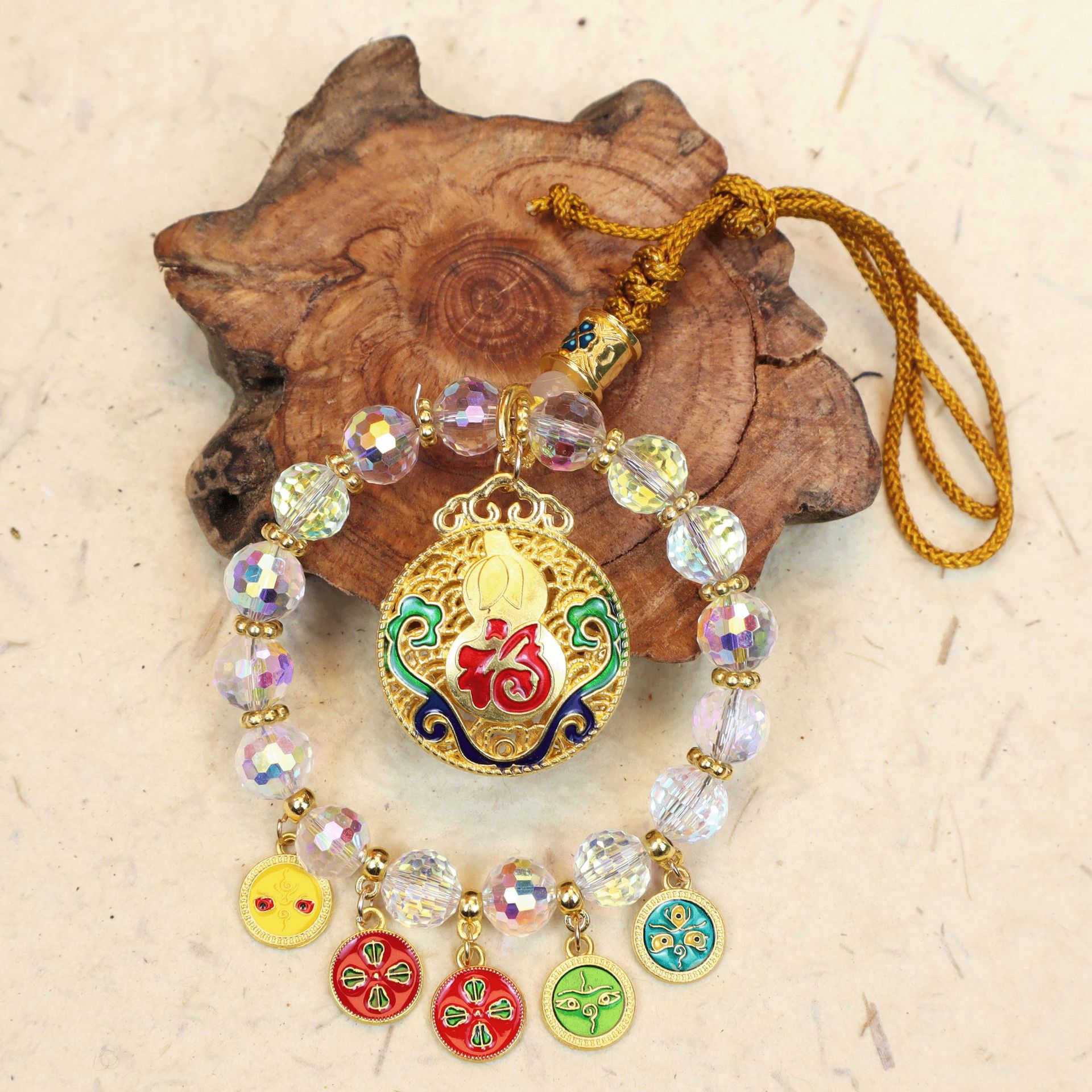 Crystal Five-Path Fortune God Car Hanging Ornament, Multicolor Abacus Lock, High-End Rearview Mirror Decoration, Wealth-Attracting Car Pendant, Interior Car Decoration