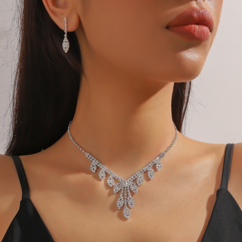 bridal set silver tassel necklace earrings grab chain rhinestone jewelry banquet jewelry set _voghion.com