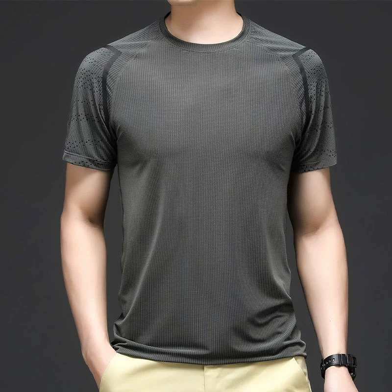 Летняя тонкая футболка с короткими рукавами из ледяной шелк мужская дышащая мужская одежда сплошной цвет бег фитнес свободная быстрая сухая спортивная футболка мужская