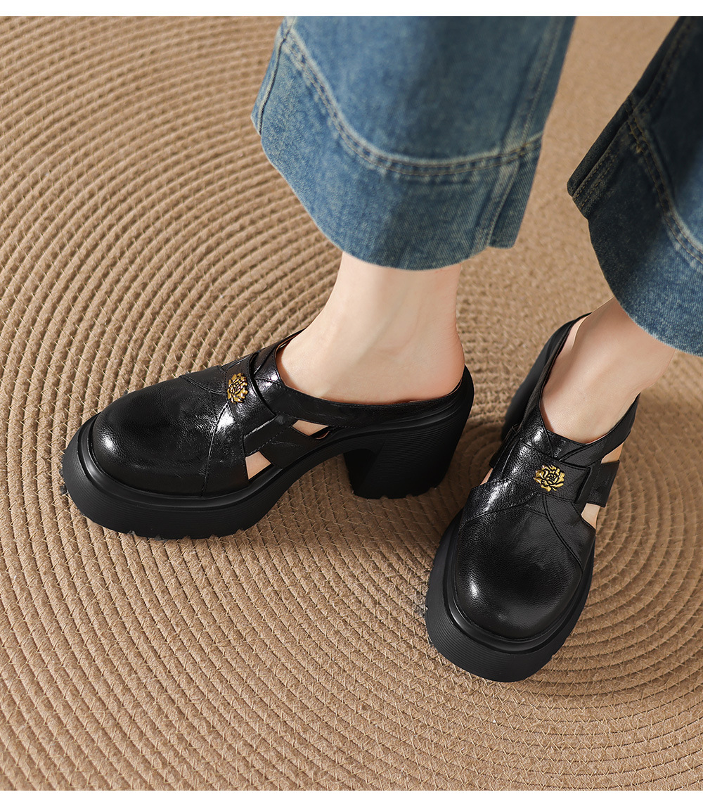 Sandal cao gót nữ mũi kín hở mũi đế dày gót thô 9 cm — màu đen, màu trắng ngà chi tiết 22