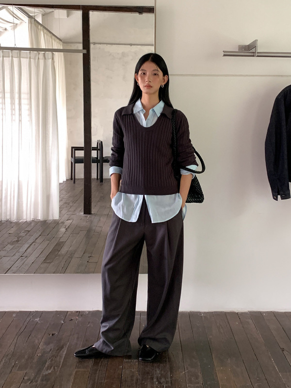 木兰 POLO领竖条纹针织衫2025十三行秋新款百搭v领毛织上衣 56065|undefined