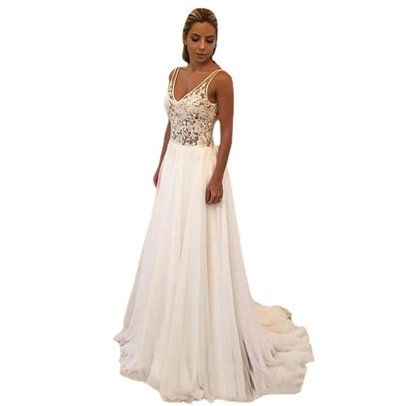 Vestido de Novia de Gasa con Escote Profundo en V, Estilo Europeo y Americano, Nuevo en Amazon y AliExpress, Sin Mangas, Largo, 2024
