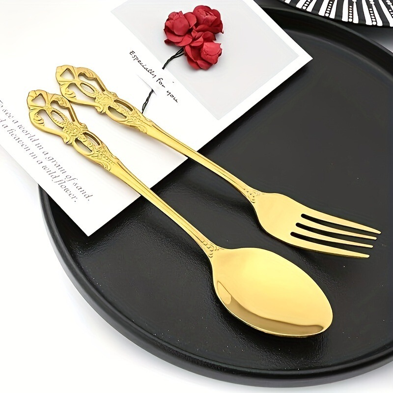 Factory wholesale stainless steel fork spoon suit royal court gorgeous retro dessert fork coffee spoon golden tableware