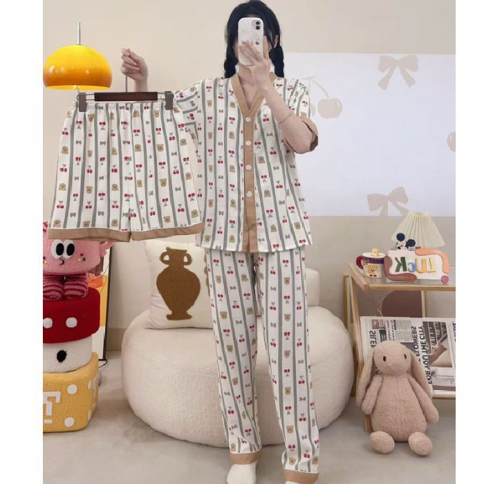 Pijamas de algodón de nube de amor dulce a cuadros de dopamina para mujer verano nuevo estilo pantalones de manga corta ropa a domicilio traje de tres piezas