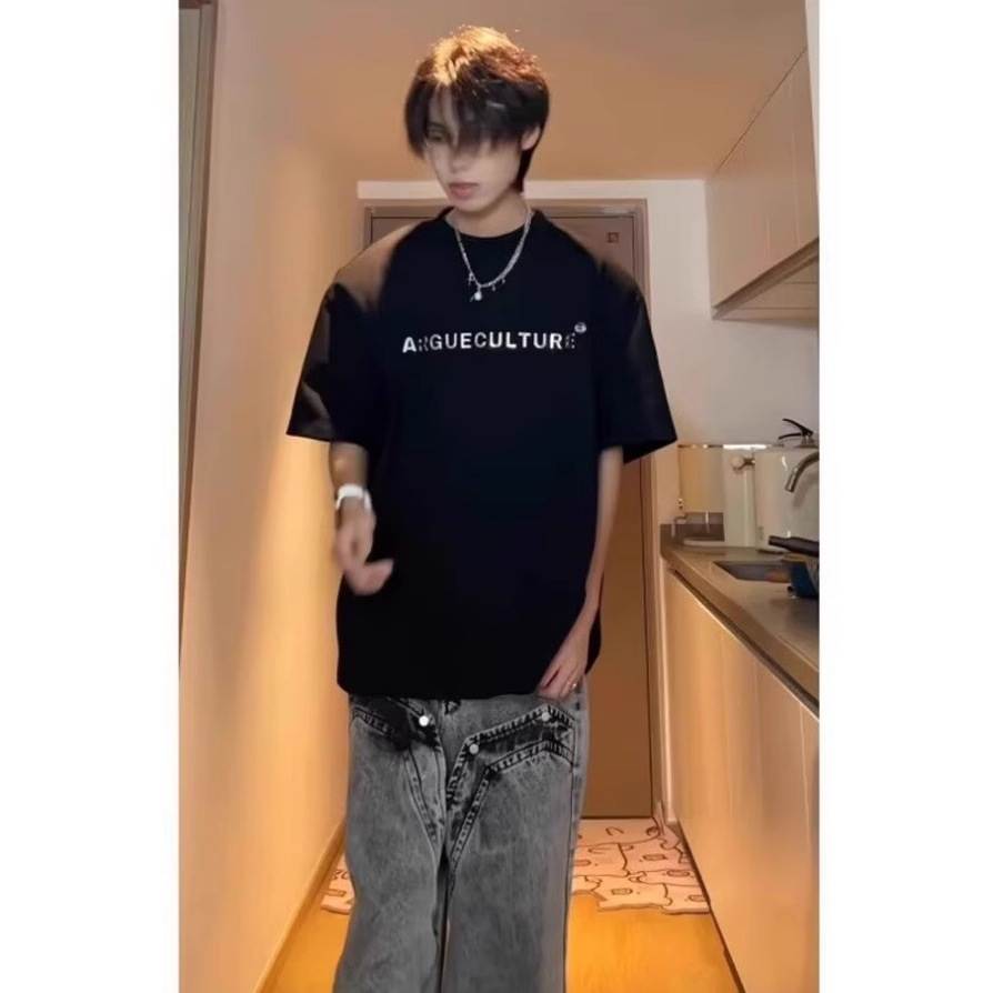 Maglietta corta estiva da uomo con maniche corte e spalle dritte e scritta in metallo, stile americano High Street_voghion.com