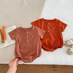 ins2024夏季嬰幼兒童連體衣服男女寶寶短袖純色圓領三角哈衣爬服