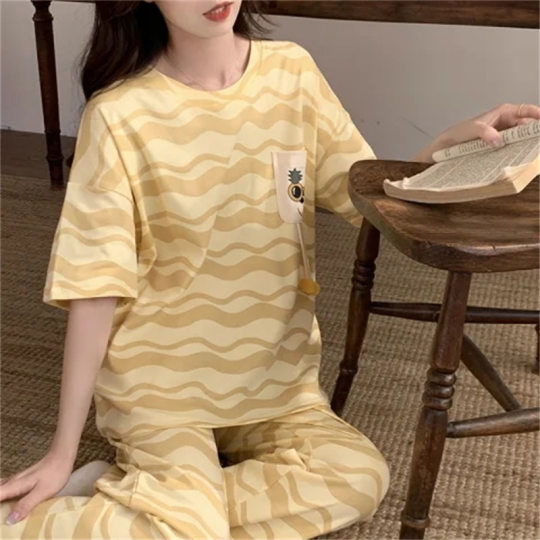 Summer Imitation Cotton Striped Short Sleeve Pants Women's Pajamas Summer Cute Round Neck Sweet Style Casual Outwear Home Clothes
