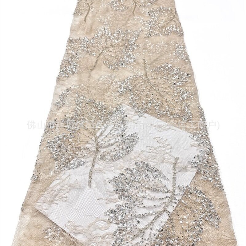 Nuevo encaje de hoja de arce hecho a mano tela de cuentas de clavado sequilla cola de pescado vestido de brindis cena anual vestido de tela en stock