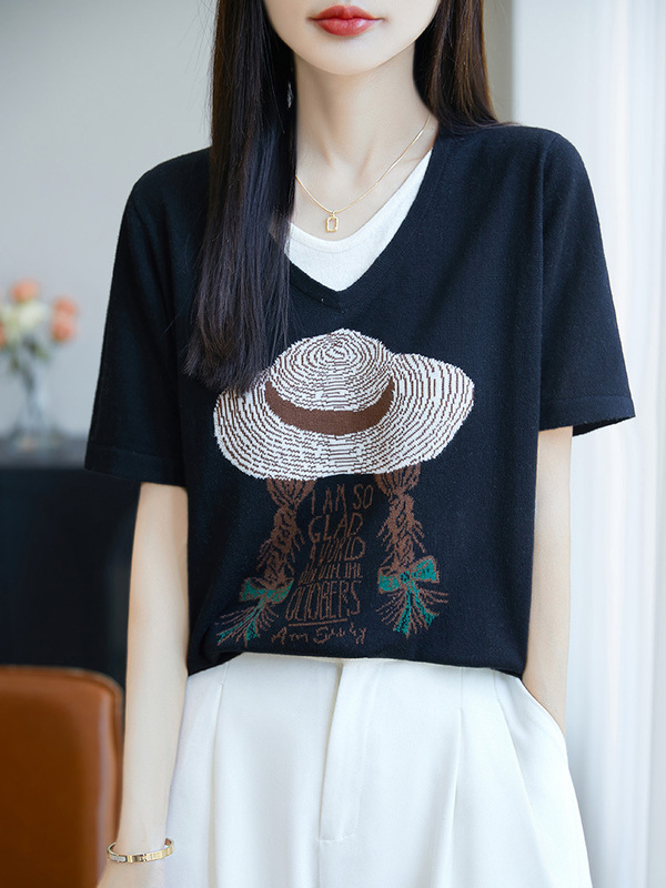 Color-Blocked Fake Two-Piece Loose Pullover Short-Sleeve T-Shirt for Women, Summer Thin Comfortable Niche Women's Top Trendy