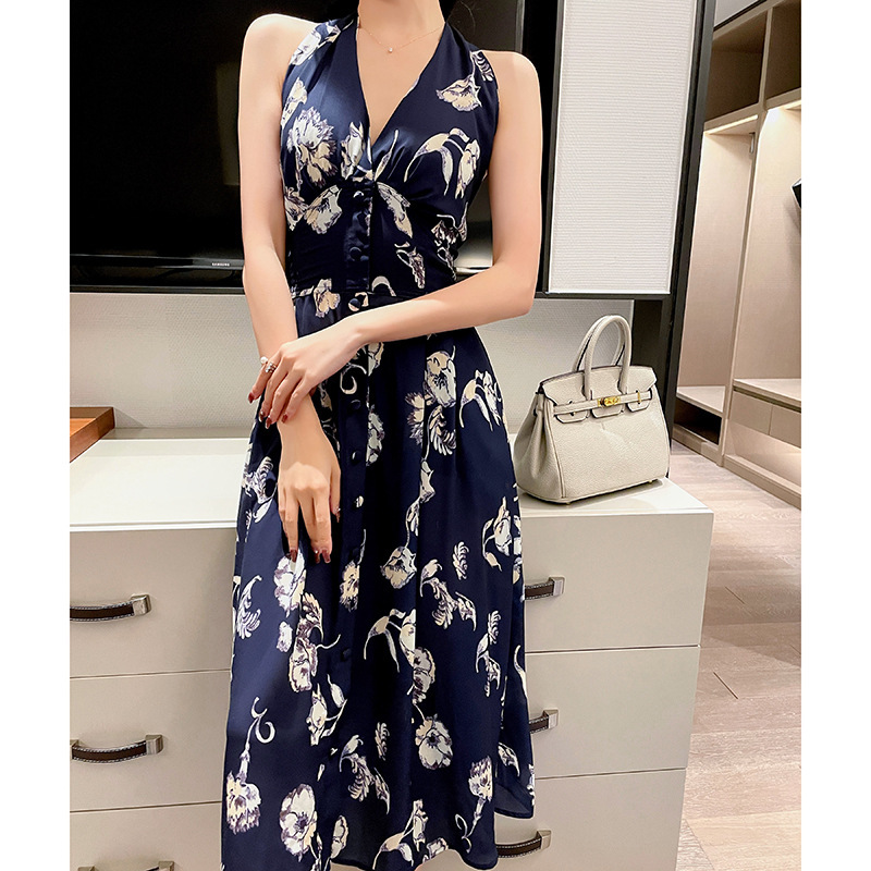 Moomi Heavy Crepe Mulberry Silk Suspender Slim Dress Floral Suspender Dress Holiday Style Women's Long Skirt