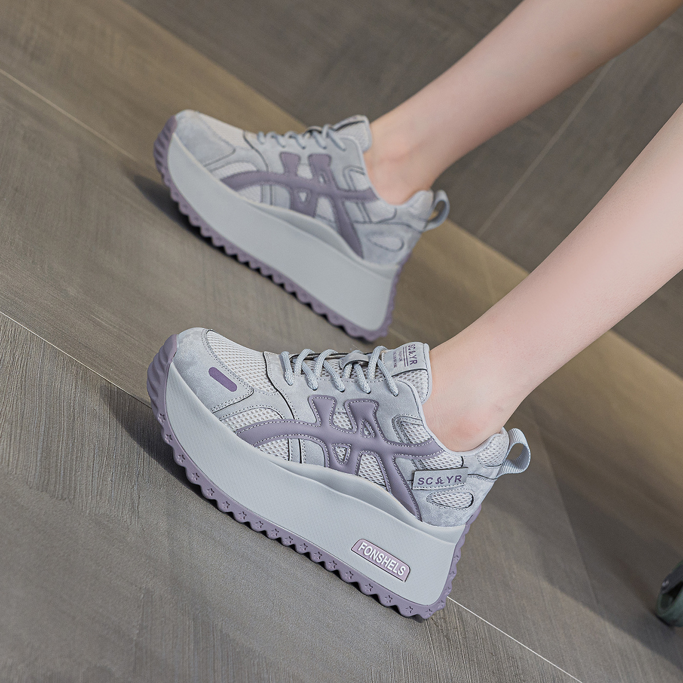Giày sneaker nữ đế dày phong cách retro dành cho người dáng nhỏ, giày dad hot trend thu 2026, tăng chiều cao — M2933-1 màu xám đính kim cương, M2933 màu đen, M2933 màu nâu, M2933-1 màu đen đính kim cương