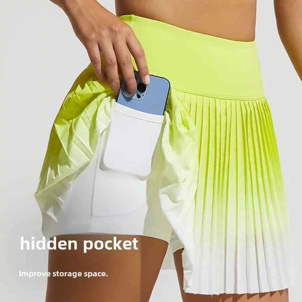 Fake Two-Piece Anti-Exposure Sports Short Skirt for Women, Fashionable Gradient Design with Pockets, Quick-Dry High-Waisted Yoga Skirt, Anti-Exposure