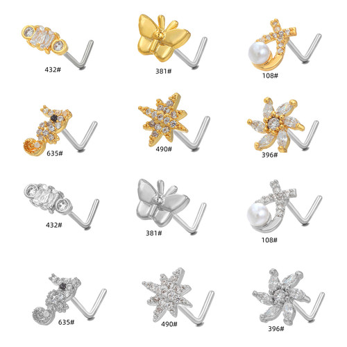 Amazon's best-selling copper-plated real gold nose nail jewelry European and American nose jewelry L-bar micro-inlaid zircon body piercing jewelry