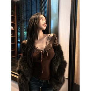 [bingo] Shahe 25 Spring Nightingale and Rose Sexy Lace Stitching Long Sleeve Joker Top