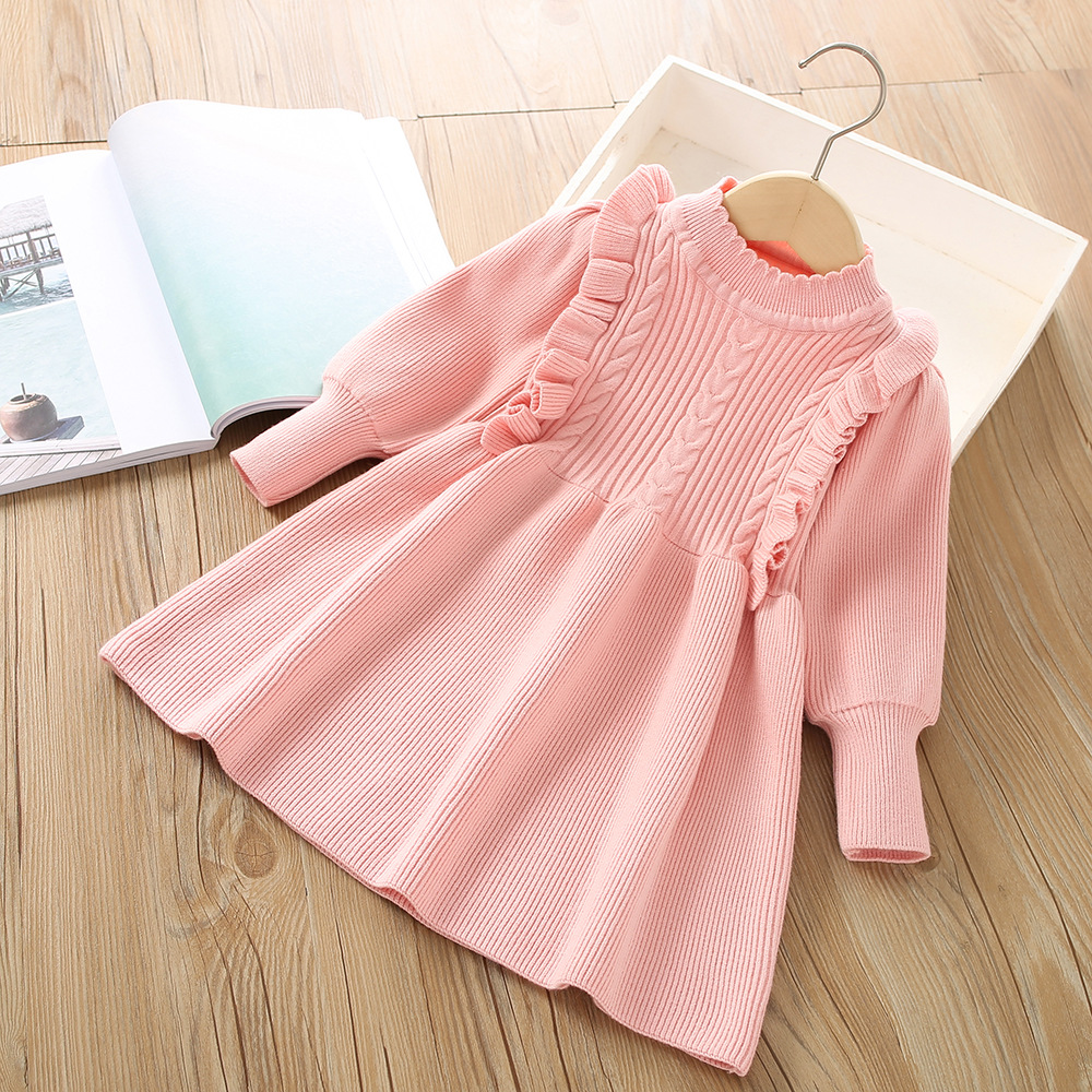 Girls Knitted Dress Autumn Winter Solid Colour Long Sleeve Style_voghion.com
