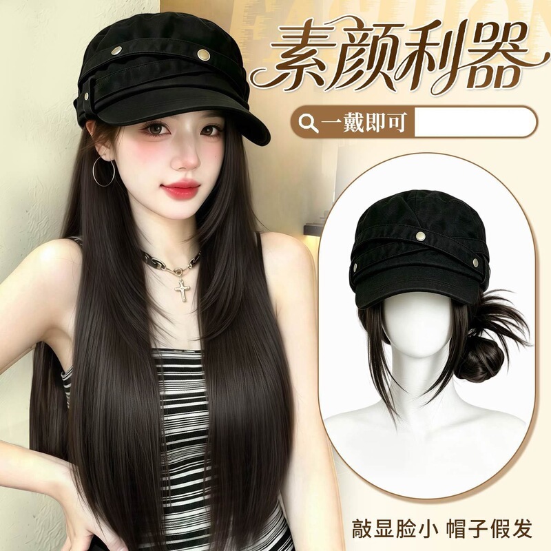 Korean-Style Fashion Equestrian Hat with Integrated Wig for Women, Natural and Versatile, Makes the Face Look Smaller, Non-Detachable Hat for Straight Hair Korean-Style Fashion Equestrian Hat with Integrated Wig for Women, Natural and Versatile, Makes the Face Look Smaller, Non-Detachable Hat for Straight Hair