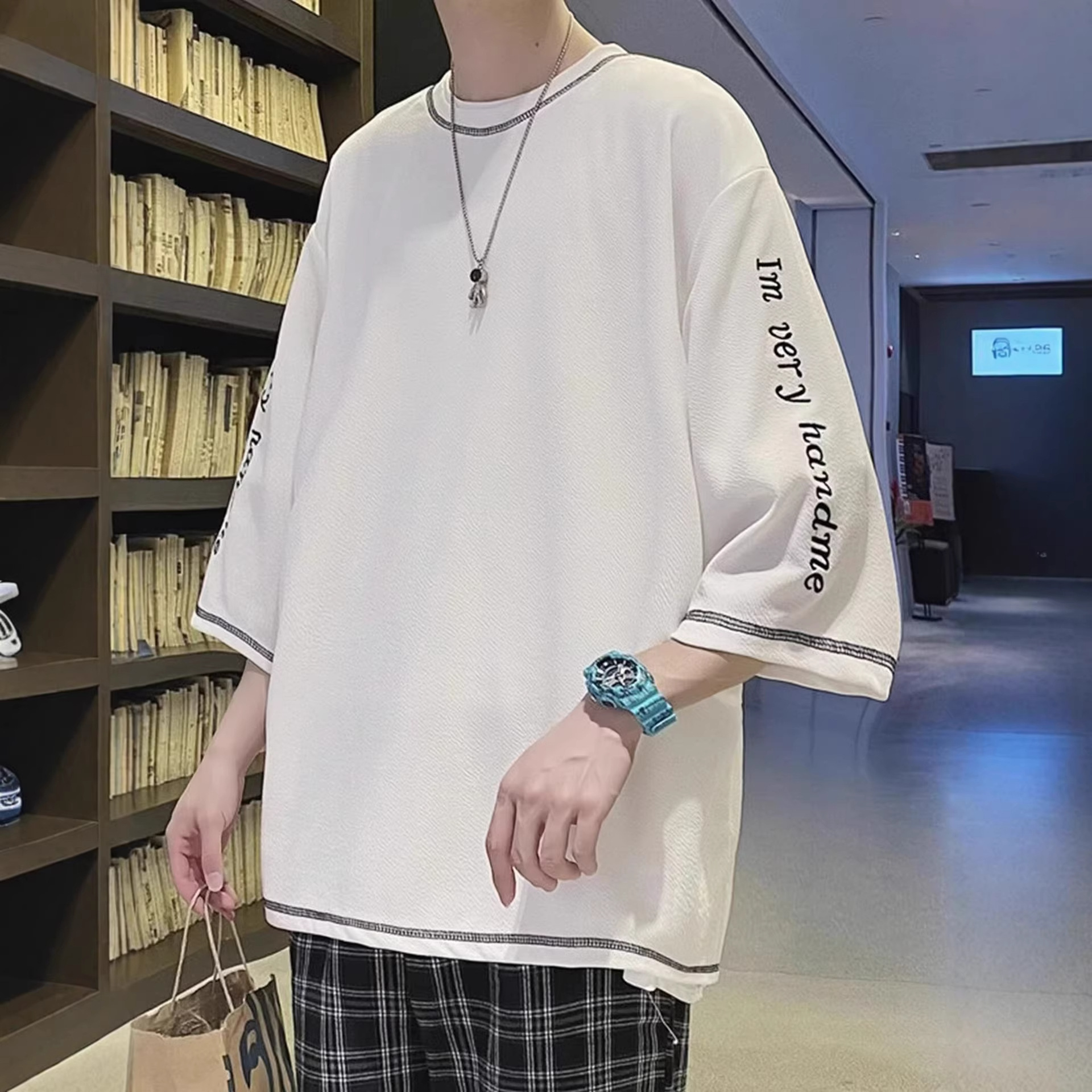 Camiseta americana de alta calle de hielo de manga de siete camisetas de tendencia de manga corta para hombres de verano estudiantes de tamaño grande suelto ropa casual superior image 5