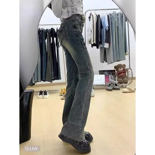 Vintage Blue Double Button Slim Fit Women's Spring and Autumn 2025 Design-Savvy Slimming Elastic Flare Pants