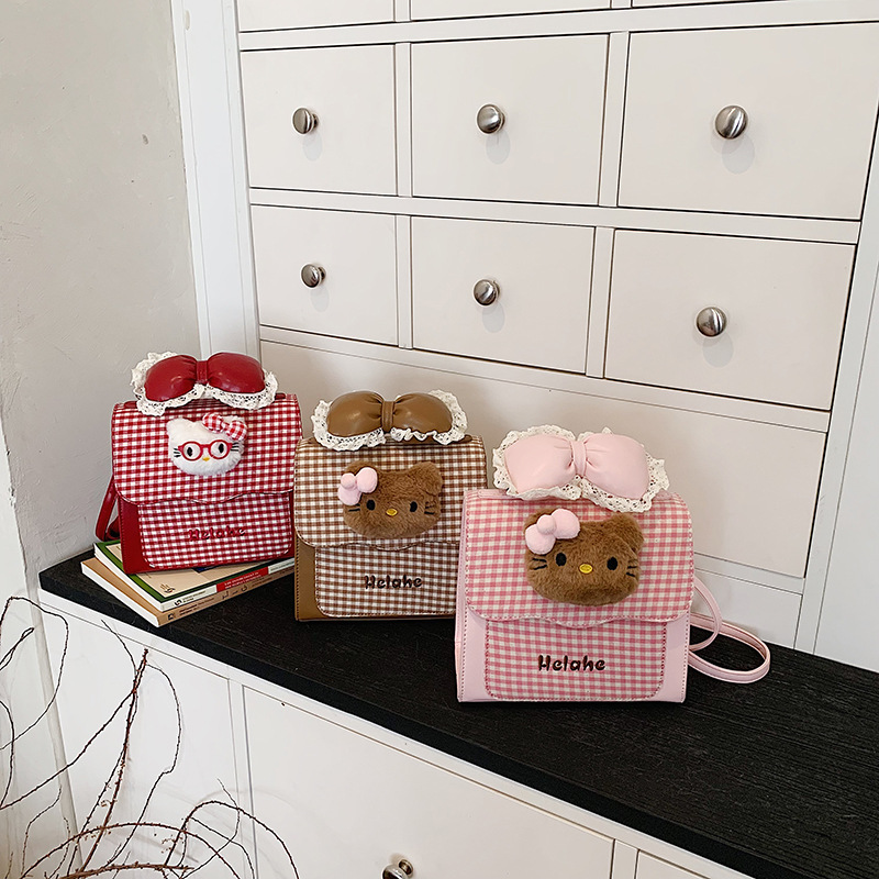 Cross-border women's autumn/winter new collection: Korean-style plaid color-block backpack, lace, girly, preppy style, cat-themed, and parent-child backpack
