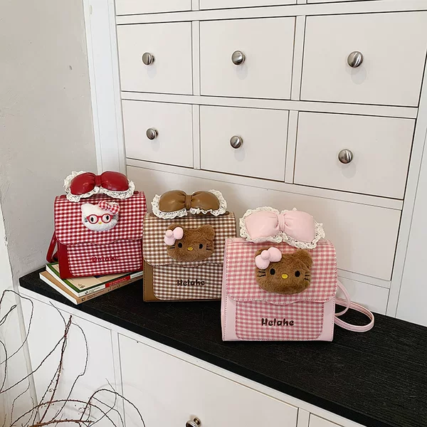 Cross-border women's autumn/winter new collection: Korean-style plaid color-block backpack, lace, girly, preppy style, cat-themed, and parent-child backpack