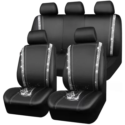 Diamond-Studded Car Seat Set, Rhinestone Car Seat Covers, Diamond Leather Car Seat Covers, Universal (Universal seat cover) - white-diamond-9-piece-set-universal-model