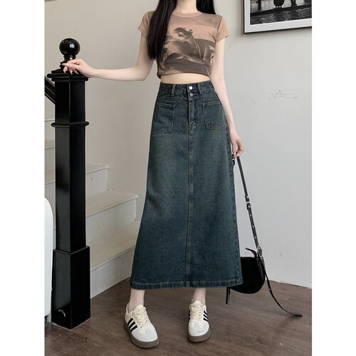 Plus Size Retro Slit Denim A-Line High-Waist Hip-Hiding Skirt for Pear-Shaped Figures - 2025 New Arrival Medium-Length Dress