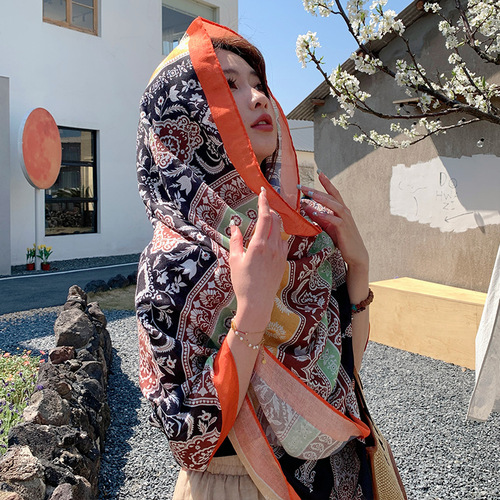 Versatile sun protection cloak for spring and summer travel, check-in and photo taking, breathable outer cloak, cotton and linen printed personalized travel shawl